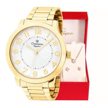 Imagem de Relógio Feminino Dourado Champion Elegance CN25118W Prova D Agua + Col