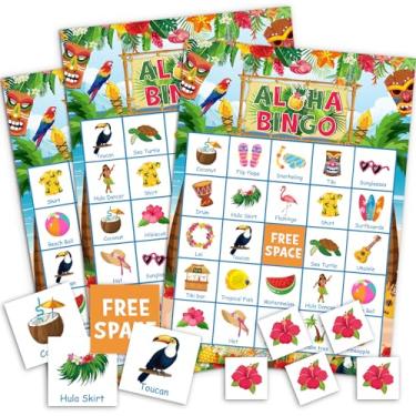 Imagem de JarThenaAMCS 35 peças Luau Party Bingo Game 24 jogadores de verão havaiano Aloha cartões de bingo para adultos atividades em sala de aula em família lembrancinhas de festa de aniversário tropicais