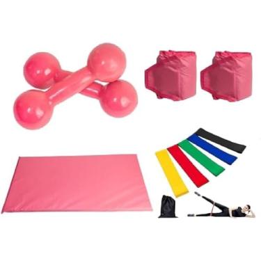 Imagem de Conjunto de Halteres e Caneleiras Rosa: Halteres 2 kg, Caneleiras 2 kg, Colchonete, 5 Elásticos Multifuncionais Coloridos