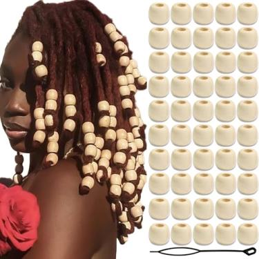Imagem de VENOFEN 60 peças de contas de cabelo de madeira bege vintage natural de madeira Loc Bead Dreadlock Joias para tranças, acessórios de decoração de cabelo com contas de orifício grande