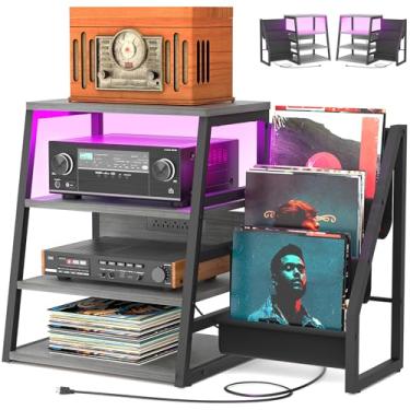 Imagem de Suporte de mídia AV com tomadas, suportes estéreo e prateleiras com armazenamento de vinil, suporte estéreo com armazenamento de discos, gabinete de rack estéreo de áudio, suporte de console de