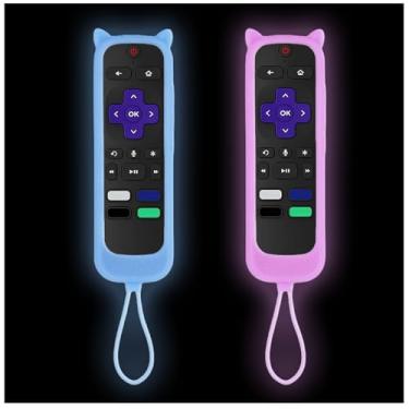 Imagem de Gavyqier Pacote com 2 capas para controle remoto Roku, capa para Hisense TCL Roku TV Steaming Stick Express controle de substituição universal capa de silicone capa roxa brilhante e azul brilhante