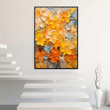 Imagem de Quadro com Moldura Flores Pintadas Abstrato Amarelo Azul Claro Decorativo Grande Sala Quarto Hall