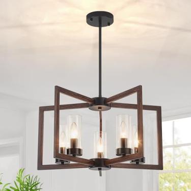 Imagem de Lustre moderno de fazenda de 5 luzes, luzes pendentes de metal pintado em madeira de 53 cm, luminária de sala de jantar, luzes suspensas para ilha de cozinha, hall de entrada, sala de estar, quarto