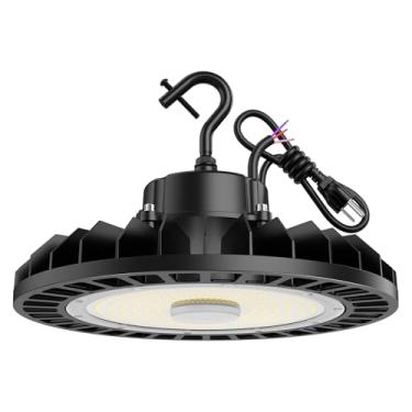 Imagem de UFO Luz LED High Bay 200W 1 pacote, 5000K 28.000LM, 0-10V regulável, plugue dos EUA cabo de 1,5 m, loja armazém industrial oficina fábrica ginásio celeiro garagem área luminária luminária