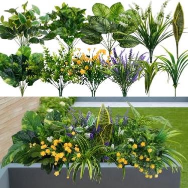 Imagem de GTIDEA 19 pacotes de plantas artificiais ao ar livre, plantas artificiais e flores resistentes a UV, folhas de plástico falso, hastes de vegetação para caixa de janela externa, cestos suspensos