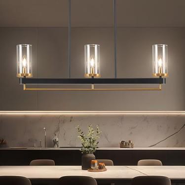 Imagem de Luminária de sala de jantar 92 cm lustres lineares ilha de cozinha para sala de jantar 3 luzes pretas e douradas para cozinha com sombra de vidro transparente altura ajustável industrial