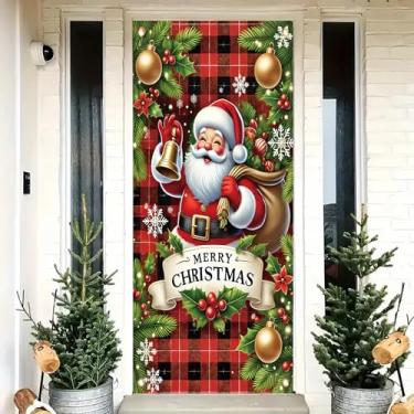 Imagem de Saoplasa Faixa de porta de Feliz Natal 99 x 189 cm Capa de porta de Papai Noel com fundo xadrez sino ramos de pinheiro ornamentos dourados para decoração de entrada sazonal de Natal para varanda de