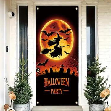Imagem de Saoplasa Faixa de porta de Halloween 89 x 189 cm bruxa voando na vassoura lua cheia cemitério cena de morcego pano de fundo assustador outono ao ar livre decoração de parede de festa interna para