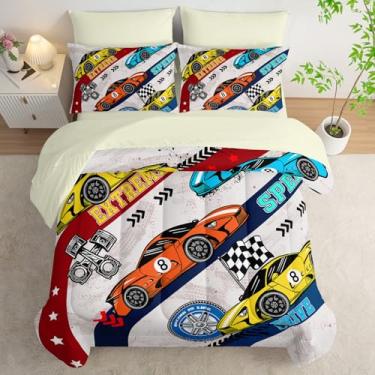 Imagem de AILONEN Jogo de cama queen de carro de corrida, xadrez para crianças, meninos, carro de corrida Cool Speed em uma bolsa, edredom e lençol com elástico e lençol de cima, 2 fronhas, 2 fronhas