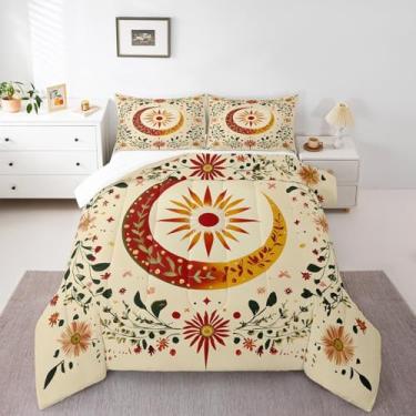 Imagem de jejeloiu Conjunto de edredom infantil, boêmio, exótico, tamanho king, sol e lua, para decoração de quarto floral, botânico, respirável, macio, leve, feminino, masculino, com 2 fronhas