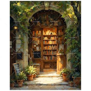 Imagem de Kit de pintura por números Book Nook para adultos - Livraria DIY ao ar livre com pintura de hera e plantas em tela 40,6 x 50,8 cm, conjunto de tinta acrílica, adequado para iniciantes, arte para