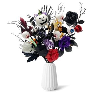 Imagem de MYUPDALIN Decorações de Halloween, 6 peças, esqueleto de abóbora, artificial, folhas de bordo, caules florais, decoração de ramos de Halloween, para decoração de casa e festa interna, vaso de mesa