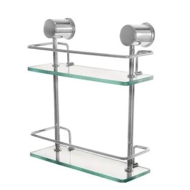Imagem de Prateleira Dupla de Vidro para Banheiro, Alumínio e ABS, Incolor, 40x37x10cm, Base 6mm, Suporte para Shampoo