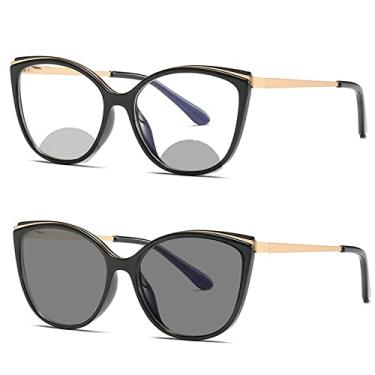 Imagem de willochra Óculos De Leitura Fotocrômicos Bifocais Olho Gato Progressivos Multifocais Para Presbiopia, Sol Feminina (Preto, 2, Multiplicador_X)