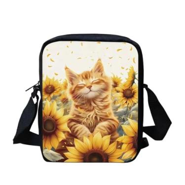 Imagem de Snilety Bolsa tiracolo pequena com zíper, bolsa mensageiro de ombro de grande capacidade para mulheres, homens e crianças, Gato de girassol, One Size