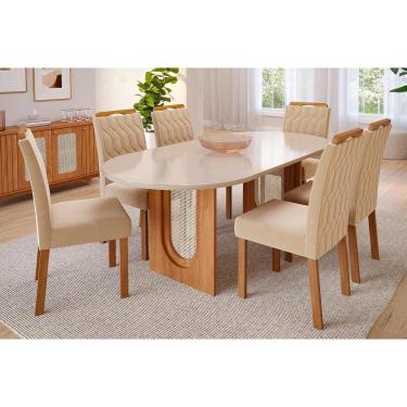 Imagem de Conjunto: Mesa Sala Jantar Valentina Tampo Madeirado Oval c/ Vidro 210x100cm e 6 Cadeiras Paola Cinamomo/Off White - Savana/Nature-Suede Nude - Cimol
