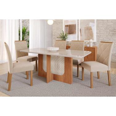 Imagem de Conjunto: Mesa de Cozinha Louise Tampo Madeirado c/ Vidro 180x90cm e 6 Cadeiras Fernanda Cinamomo/Off White - Nature-Madeirado/Suede Nu - Cimol
