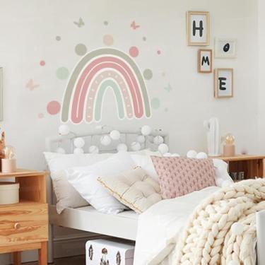 Imagem de Adesivo Infantil Arco-Íris 08 Parede Corações Estrelas Tons Suaves Quarto Bebê Decoração Infantil
