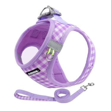 Imagem de AIITLE Peitoral para cães pequenos com coleira – malha respirável macia, estampa xadrez e tiras refletivas – ideal para treinamento, corrida e passeios de festa (P, roxo)