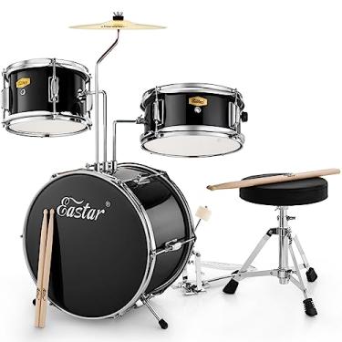 Imagem de Eastar Conjunto de bateria de 35 cm para crianças iniciantes, 3 peças com caixa de baixo tom, trono ajustável, prato, pedal e dois pares de baquetas, metálico todo preto