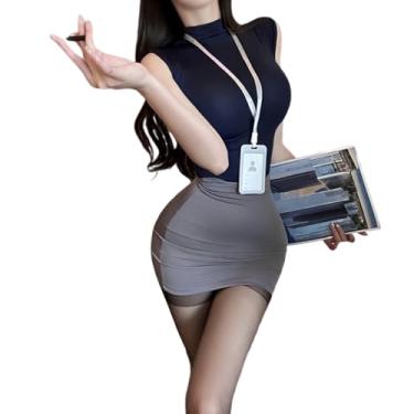 Imagem de QNCLO Saia feminina sexy para boate e quadril, pijama japonês de sedução, cosplay, roupa íntima de secretária, Azul, Tamanho Único