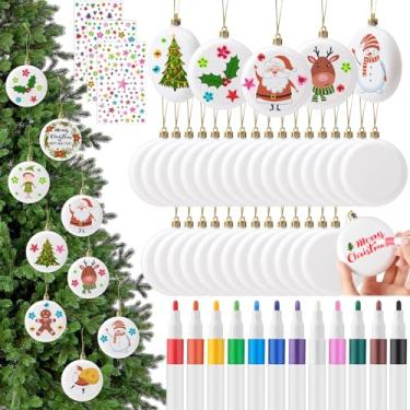 Imagem de Syhood Conjunto de 36 peças de enfeites de bola branca em branco de Natal de 8,15 cm, ornamentos de discos planos foscos, faça você mesmo, decoração de árvore de Natal com marcadores de tinta acrílica