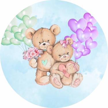 Imagem de Painel de Lona Redondo Ursinhos Aquarela Balões Lilás e Verde - Fabrik