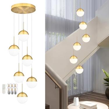 Imagem de Mccokaige Lustres modernos dourados com 6 luzes reguláveis para sala de jantar Lustre de vidro branco leitoso fosco globo de teto alto ajustável em altura de meados do século para sala de estar