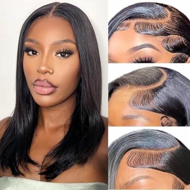 Imagem de Peruca Bob de cabelo humano 33 x 10 cm peruca frontal reta HD frente Bob perucas para mulheres negras, cabelo humano sem cola, linha do cabelo pré-arrancado com cabelo de bebê, densidade de 180% (35,5