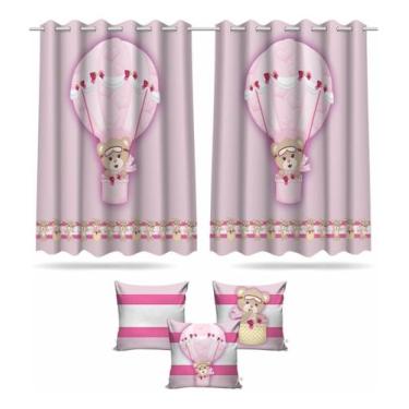 Imagem de Kit Cortina + 3 Capas Almofadas Infantil Ursinha Baloeira - Decorando 