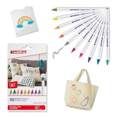 Imagem de edding Caneta têxtil 4600 – Conjunto de 10 cores (básica) – Ponta redonda de 1 mm – Canetas de tecido permanente para desenho em têxteis, resistentes à lavagem até 60 °C – Caneta de tecido