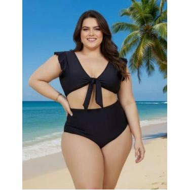 Imagem de Biquíni Plus Size Feminino Cintura Alta Praia Top - WM, G1, Preto nó, 