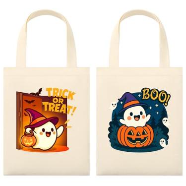 Imagem de Phicorn Sacolas de Halloween – Pacote com 2 pequenas bolsas de lona impressas de 22,4 x 28 cm com desenhos de truques ou travessuras de fantasma e abóbora e BOO para festas, presentes e uso diário