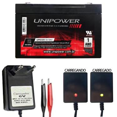 Imagem de Bateria 6v 12ah + Carregador Led 6v 800mah Garra Jacaré Bivolt - UNIPO