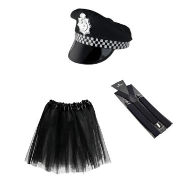 Imagem de Fantasia de Policial Feminina C/ Quepe Preto e Branco Saia Tule 35 Cm Aprox e Suspensório Preto - 3 Peças
