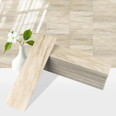 Imagem de OYASIMI Azulejo Backsplash de 4 peças bege para descascar e colar, azulejos de metrô de PVC de 5 x 20 cm, suporte para cozinha/banheiro/lareira