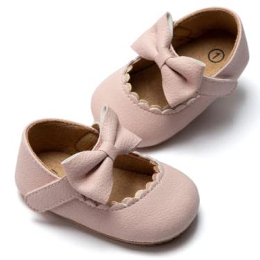 Imagem de HsdsBebe Sapatos de casamento para bebês meninas Mary Jane com laço antiderrapante sola macia Princesa Crianças Primeiros Andadores, F/Rosa borboleta, 6-12 Months Infant