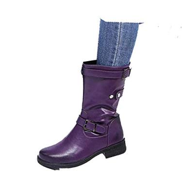 Imagem de Bigfanshu Botas femininas de cano médio com fivela feminina salto quadrado baixo zíper meia bota outono inverno PU sapatos baixos preto cinza ao ar livre casual ocasião fivela sapatos botas Chukka meio da panturrilha, Roxo, 40 BR