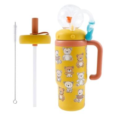 Imagem de Garrafa de água isolada de 710 ml, esguicho de baleia com tampas e canudos, linda garrafa de água de esguicho de baleia à prova de vazamento para crianças, adolescentes e adultos (amarelo, com padrão)