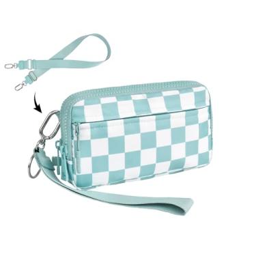 Imagem de UIBRN Carteiras transversais quadriculadas para mulheres, bolsa clutch de nylon com 4 zíperes RFID com 2 tiras, porta-cartão de crédito pequeno, Verde Tiffany