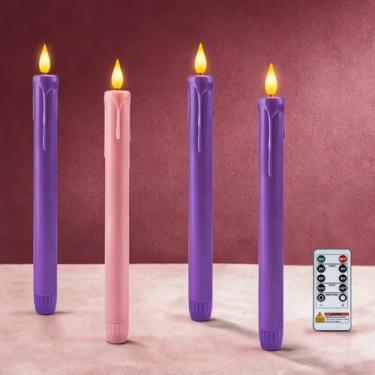 Imagem de Homemory Velas do Advento sem chama, conjunto de 4, castiçais de LED cintilantes operados por bateria, velas cônicas sem chama com temporizador remoto - 3 roxas, 1 rosa para guirlanda de Natal