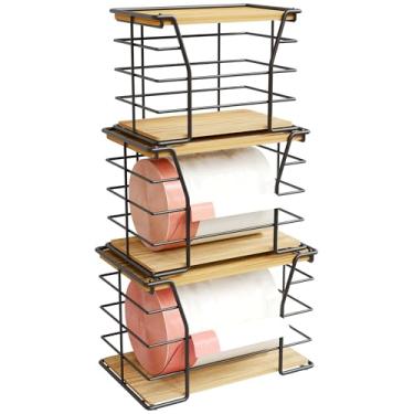 Imagem de Pacote com 3 porta-sacos de lixo, organizadores empilháveis de cozinha de lavanderia para organização de bancada, dispensador de saco de lixo com parte superior de madeira, sem broca