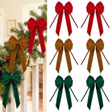 Imagem de 6 peças de laços de veludo 16,5 cm x 38 cm laços de Natal para árvore de Natal vintage vermelho marrom verde grande laços de fita de veludo para artesanato de férias, guirlanda de Natal, escada