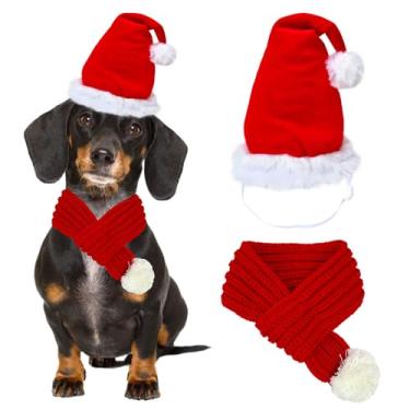 Imagem de Chapéu de Papai Noel para cães com cachecol ajustável, touca de Natal para cães, cachecol de malha vermelha com bola pompom branca, acessórios para cabeça e pescoço para cães pequenos e médios (médio)