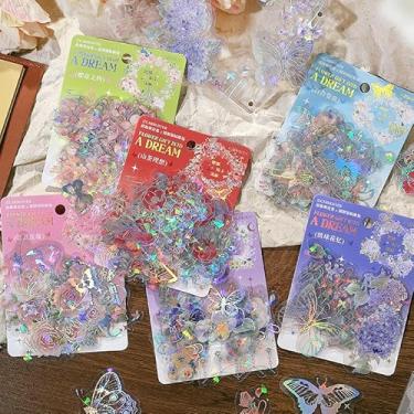 Imagem de Kit de adesivos holográficos para scrapbook, 120 peças, holográfico, PET transparente, à prova d'água, conjunto de adesivos para lixo, diário, garrafas de água, celular, laptop, decalques para