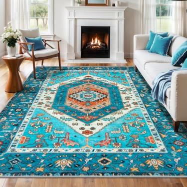 Imagem de SERISSA Tapetes laváveis 15 x 23 cm, tapete grande antiderrapante para sala de estar, tapete ultra macio vintage azul envelhecido tribal tribal para sala de jantar, quarto, dormitório, escritório