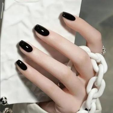 Imagem de 24 peças de pontas de unha, unhas postiças, estilo curto, com cola, moderno, cor sólida, capa completa, kit de unhas postiças para mulheres (cor: C)