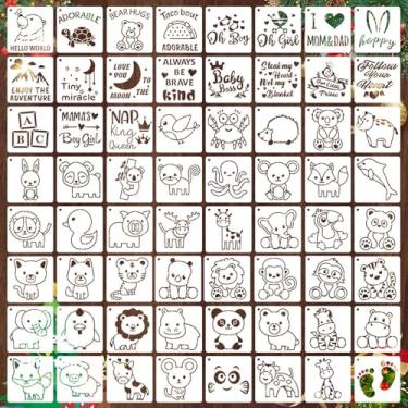Imagem de 64 peças de estêncil de macacão pequeno para chá de bebê, 7,6 cm reutilizável, babador de bebê para pintura, roupas de animais fofos, kit de modelos de camisetas para tecido, lona, artesanato