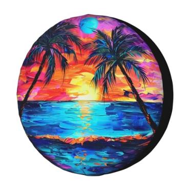 Imagem de Foruidea Bela praia pôr do sol com palmeiras capa de pneu sobressalente à prova de poeira capa de pneu de roda serve para trailer, trailer, SUV e muitos veículos 43 cm
